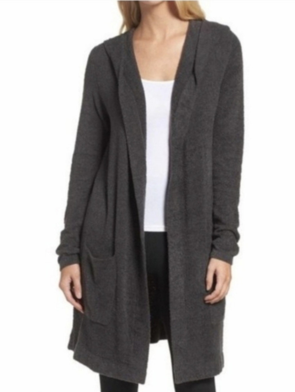 BAREFOOT DREAMS Cozy Open-Front Hooded Longline Cardigan Sweater - Charcoal Medi